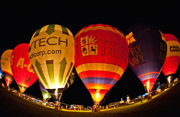 Hot air balloons at night as part of the Bristol Balloon Fiesta