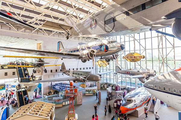 Air and Space Museum with aeroplanes hanging from celling