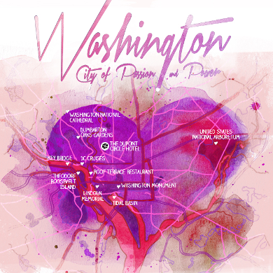 Map of  Washington with romantic locations marked