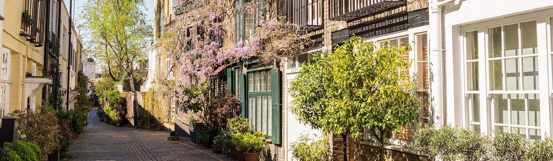 elegant houses in a mews with cobble stone street in south kensington