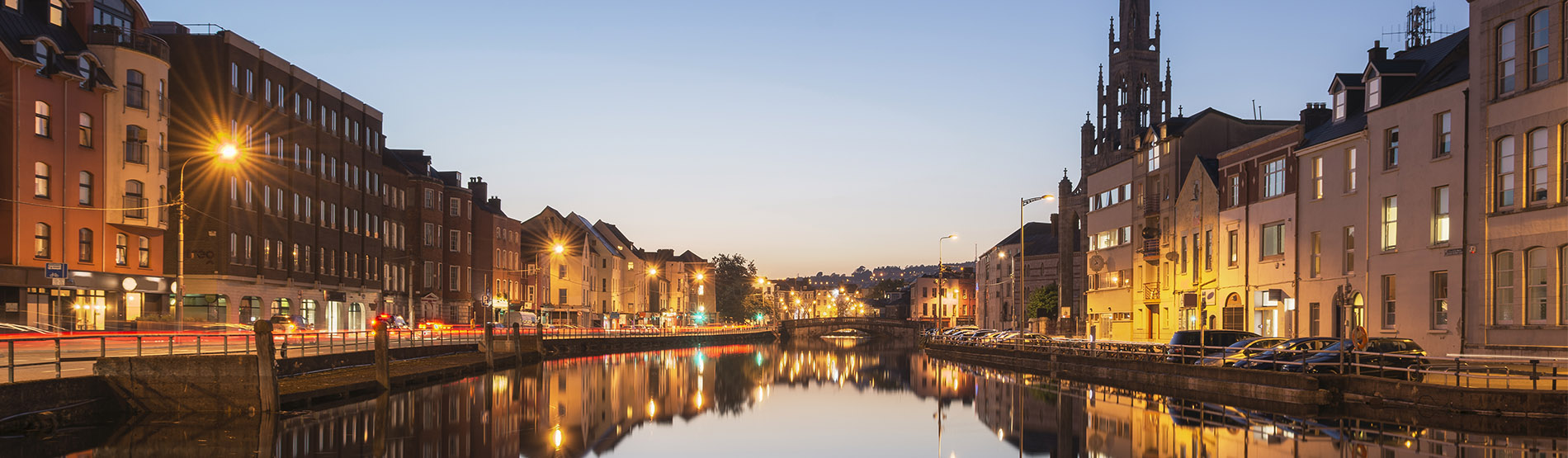 view along the River Lee of Cork City at twilight