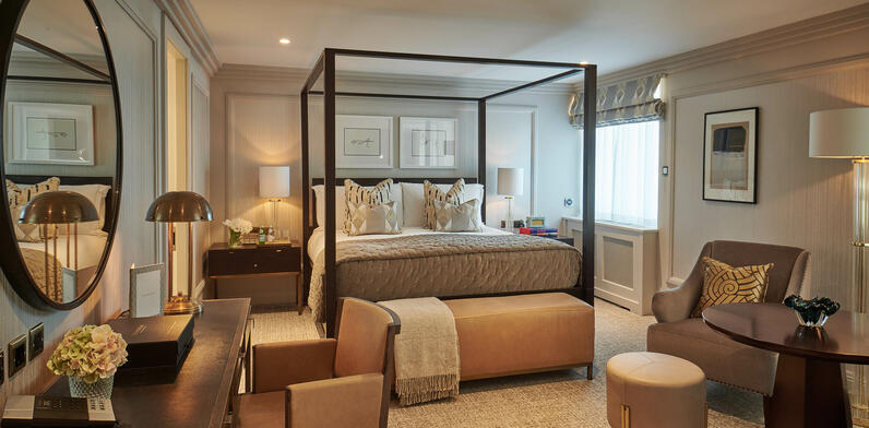 A luxury Studio Suite at The Westbury with a classic four-poster bed. This spacious room offers interconnecting options, perfect for families or groups visiting Dublin.