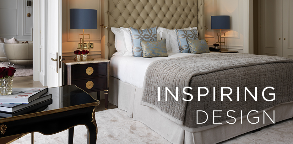 Suite bedroom at The Kensington hotel London with text overlayed saying Inspiring Design
